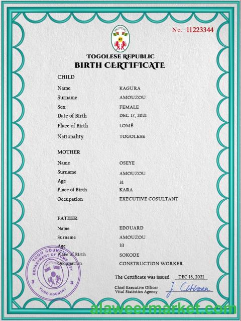 Togo birth certificate PSD template